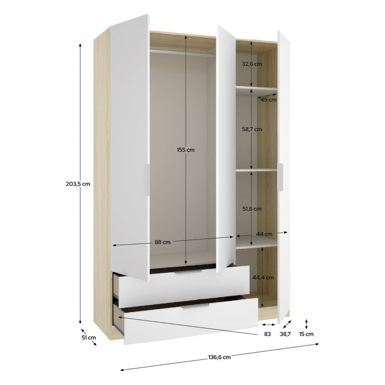 Guardaroba 3 Ante Bianco Marrone Rovere Appendiabiti 2 Cassetti 51x137 cm, 3 Ripiani - Mayos
