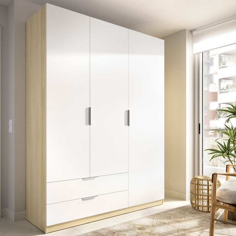 Guardaroba 3 Ante Bianco Marrone Rovere Appendiabiti 2 Cassetti 51x137 cm, 3 Ripiani - Mayos