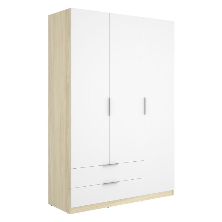 Guardaroba 3 Ante Bianco Marrone Rovere Appendiabiti 2 Cassetti 51x137 cm, 3 Ripiani - Mayos