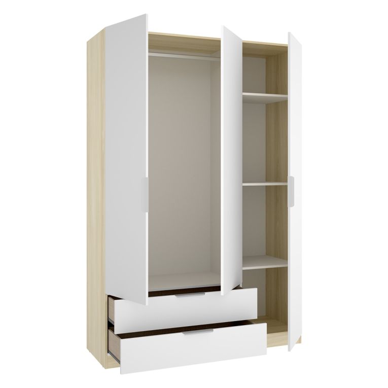 Guardaroba 3 Ante Bianco Marrone Rovere Appendiabiti 2 Cassetti 51x137 cm, 3 Ripiani - Mayos