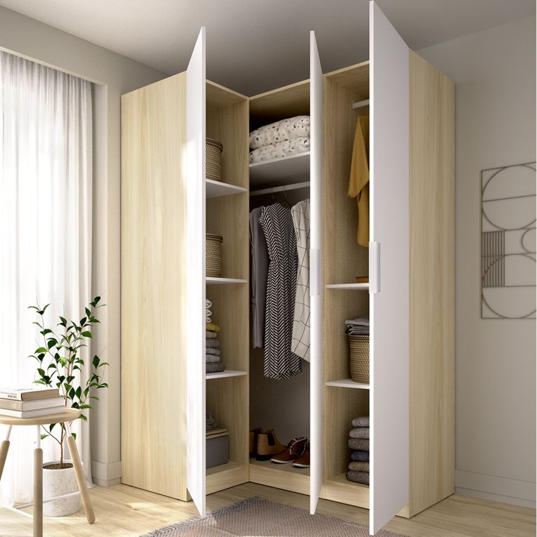 Guardaroba 3 Ante Bianco Marrone Rovere Appendiabiti Cassetti 95x142 cm, 6 Ripiani - Reeves