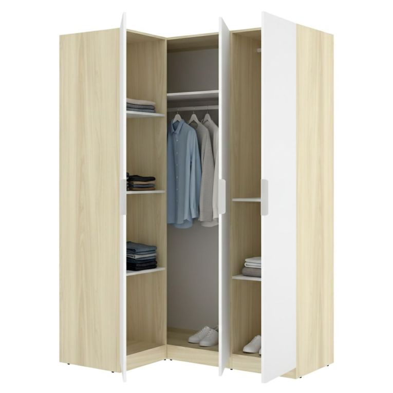 Guardaroba 3 Ante Bianco Marrone Rovere Appendiabiti Cassetti 95x142 cm, 6 Ripiani - Reeves