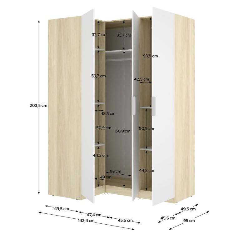 Guardaroba 3 Ante Bianco Marrone Rovere Appendiabiti Cassetti 95x142 cm, 6 Ripiani - Reeves