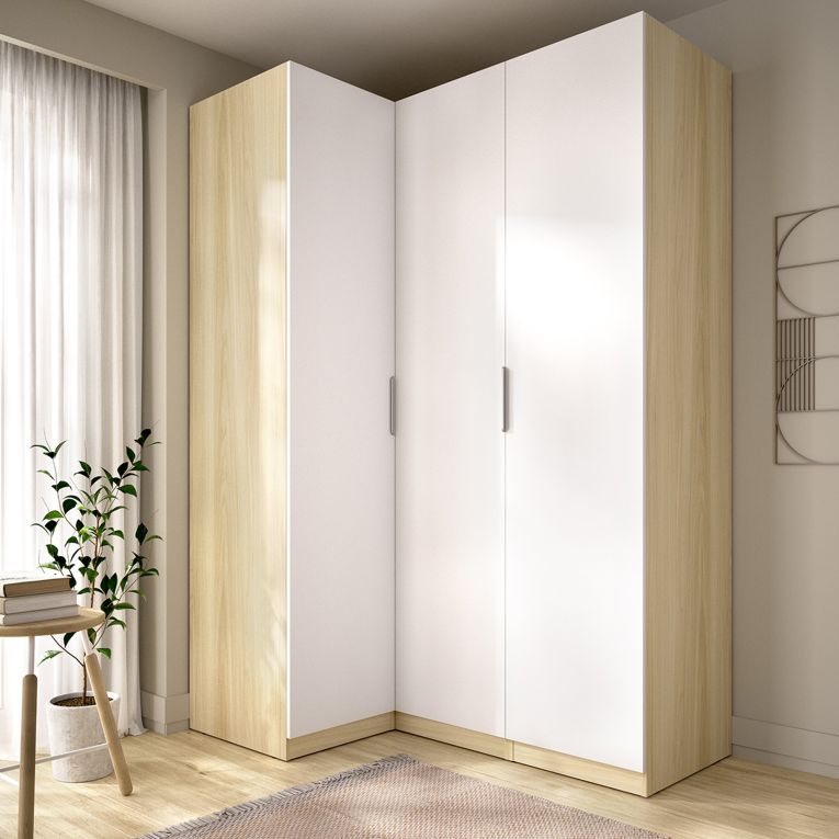 Guardaroba 3 Ante Bianco Marrone Rovere Appendiabiti Cassetti 95x142 cm, 6 Ripiani - Reeves