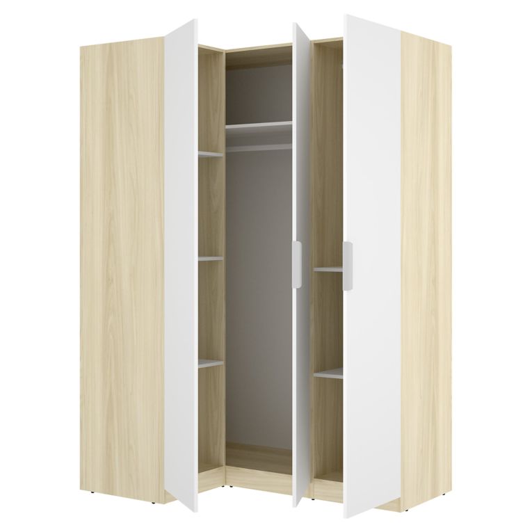 Guardaroba 3 Ante Bianco Marrone Rovere Appendiabiti Cassetti 95x142 cm, 6 Ripiani - Reeves