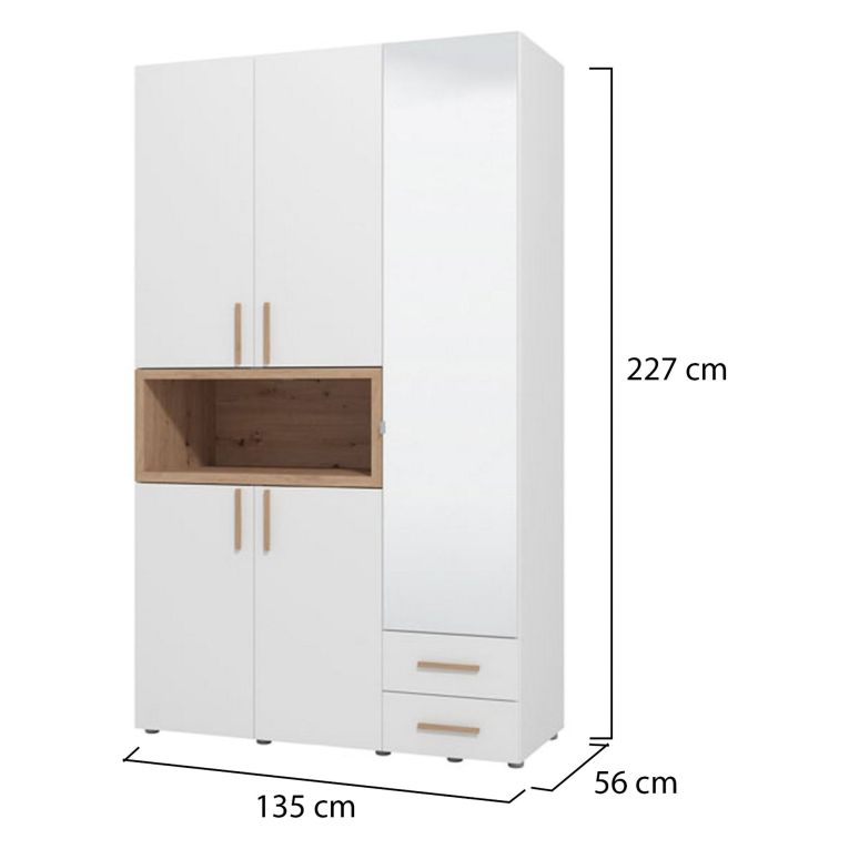 Guardaroba 3 Ante Bianco Marrone Rovere Nodi Appendiabiti 2 Cassetti 134.5x56 cm, 6 Ripiani - Pianezze