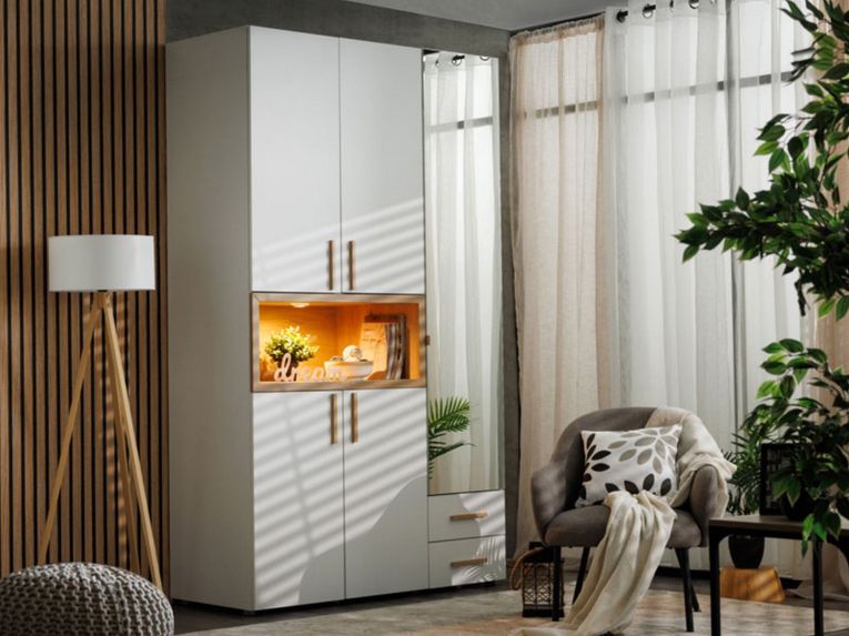 Guardaroba 3 Ante Bianco Marrone Rovere Nodi Appendiabiti 2 Cassetti 134.5x56 cm, 6 Ripiani - Pianezze