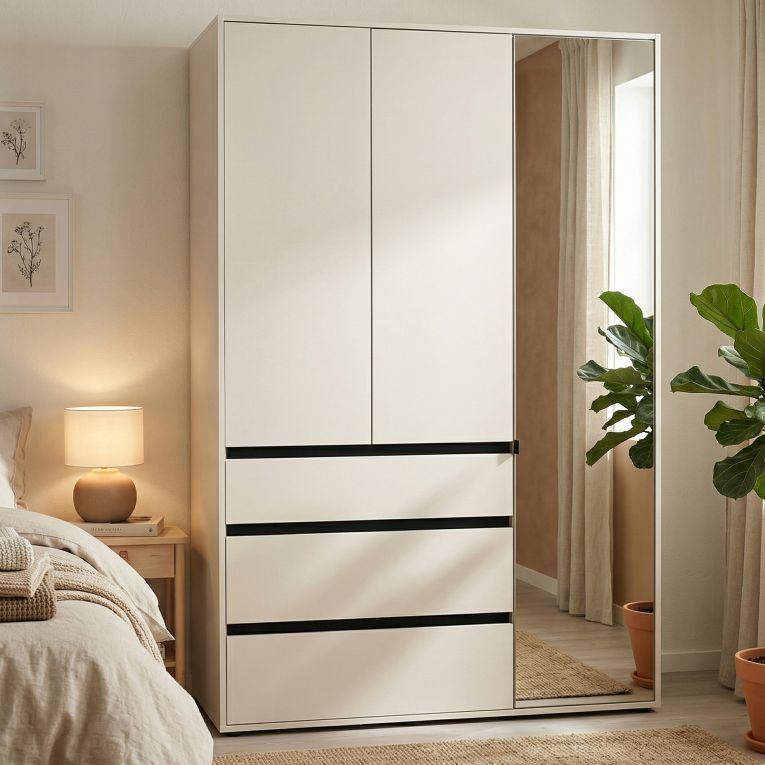 Guardaroba 3 Ante Bianco Nero 4 Ripiani 3 Cassetti 138x55 cm, Appendiabiti - Ilbonoo