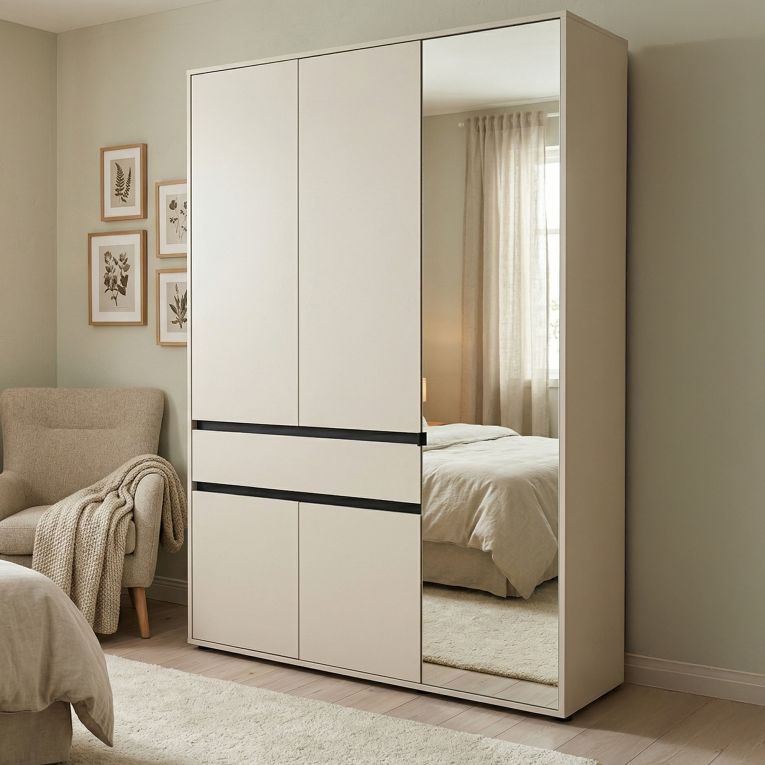 Guardaroba 3 Ante Bianco Nero 5 Ripiani un Cassetto 138x54.5 cm, Appendiabiti - Ilbono