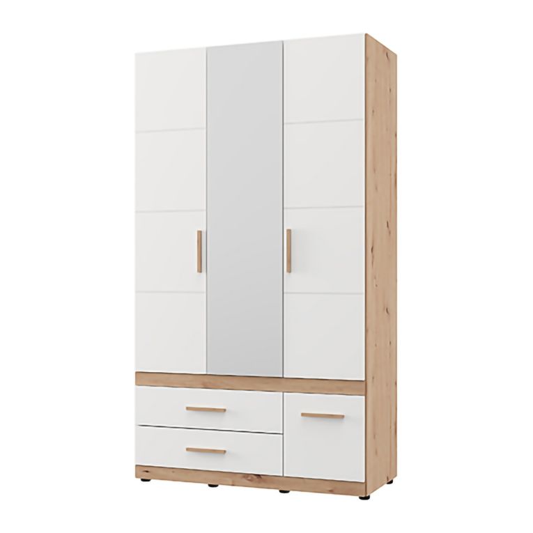 Guardaroba 3 Ante Bianco Opaco Marrone Rovere Nodi Appendiabiti 3 Cassetti 117x52 cm, 2 Ripiani - Yelapa