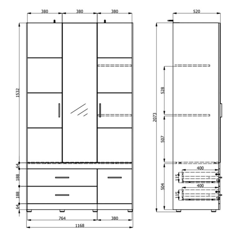 Guardaroba 3 Ante Bianco Opaco Marrone Rovere Nodi Appendiabiti 3 Cassetti 117x52 cm, 2 Ripiani - Yelapa