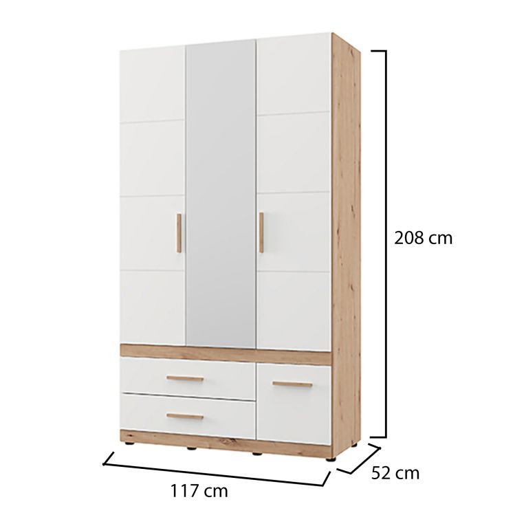 Guardaroba 3 Ante Bianco Opaco Marrone Rovere Nodi Appendiabiti 3 Cassetti 117x52 cm, 2 Ripiani - Yelapa