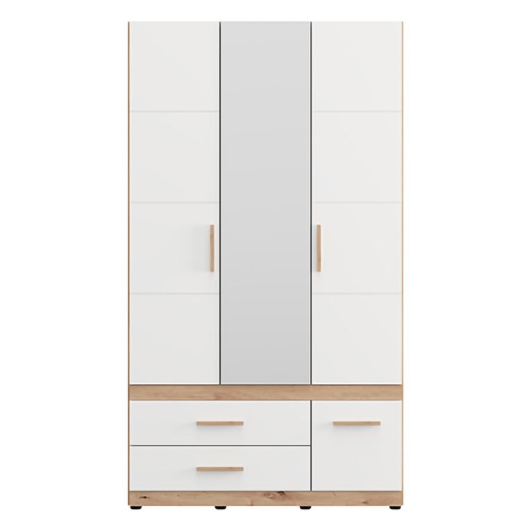 Guardaroba 3 Ante Bianco Opaco Marrone Rovere Nodi Appendiabiti 3 Cassetti 117x52 cm, 2 Ripiani - Yelapa