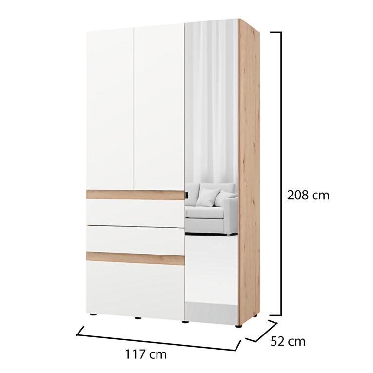 Guardaroba 3 Ante Bianco Opaco Marrone Rovere Nodi Appendiabiti 3 Cassetti 117x52 cm, 4 Ripiani - Zuccare