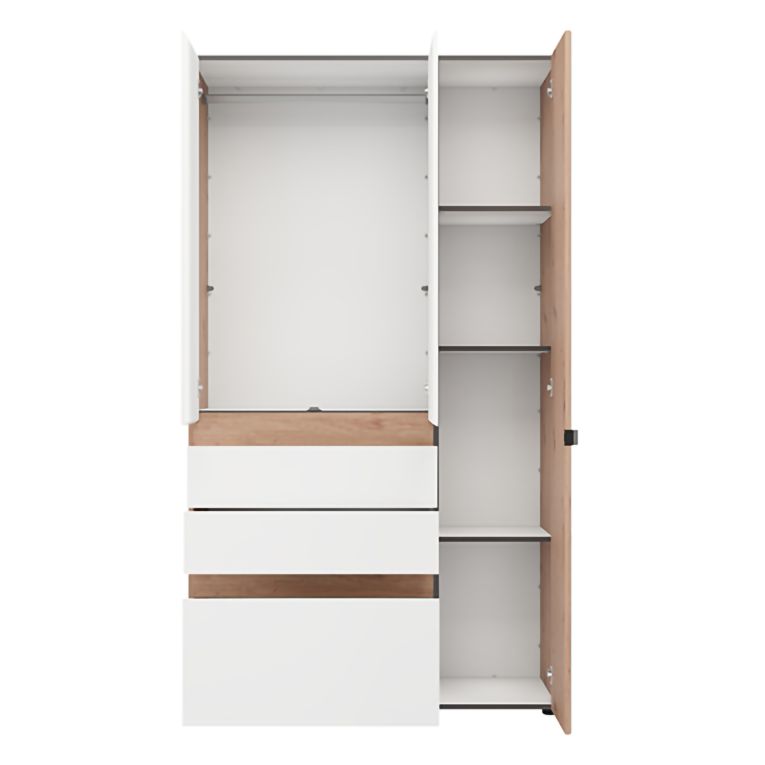 Guardaroba 3 Ante Bianco Opaco Marrone Rovere Nodi Appendiabiti 3 Cassetti 117x52 cm, 4 Ripiani - Zuccare