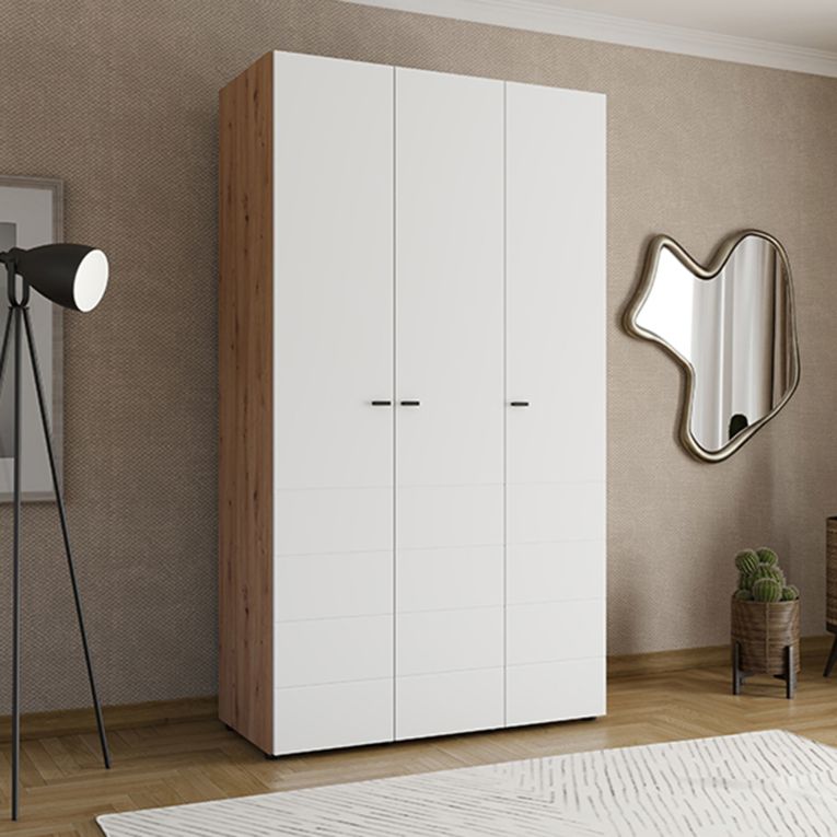 Guardaroba 3 Ante Bianco Opaco Marrone Rovere Nodi Appendiabiti 4 Ripiani 117x52 cm, 3 Ante - Ronco
