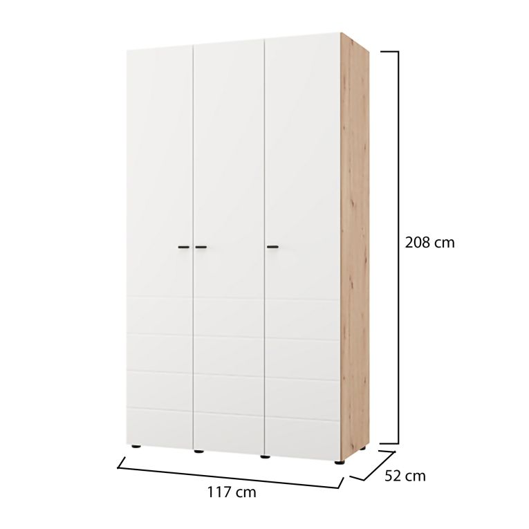 Guardaroba 3 Ante Bianco Opaco Marrone Rovere Nodi Appendiabiti 4 Ripiani 117x52 cm, 3 Ante - Ronco