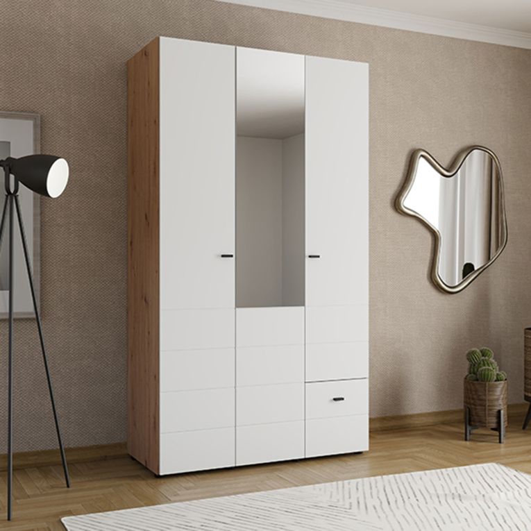 Guardaroba 3 Ante Bianco Opaco Marrone Rovere Nodi Appendiabiti un Cassetto 117x52 cm, 4 Ripiani - Serram