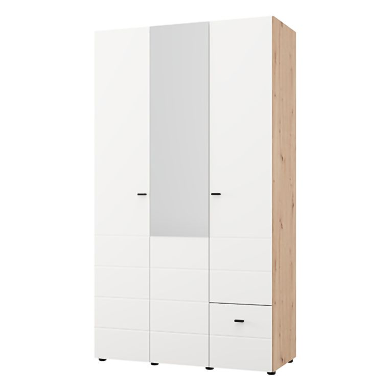 Guardaroba 3 Ante Bianco Opaco Marrone Rovere Nodi Appendiabiti un Cassetto 117x52 cm, 4 Ripiani - Serram