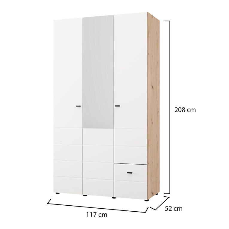 Guardaroba 3 Ante Bianco Opaco Marrone Rovere Nodi Appendiabiti un Cassetto 117x52 cm, 4 Ripiani - Serram