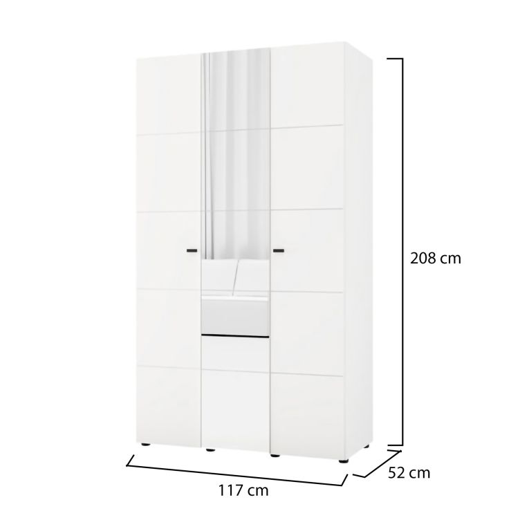 Guardaroba 3 Ante Bianco Opaco Nero Appendiabiti 4 Ripiani 117x52 cm, 3 Ante - Ouarza
