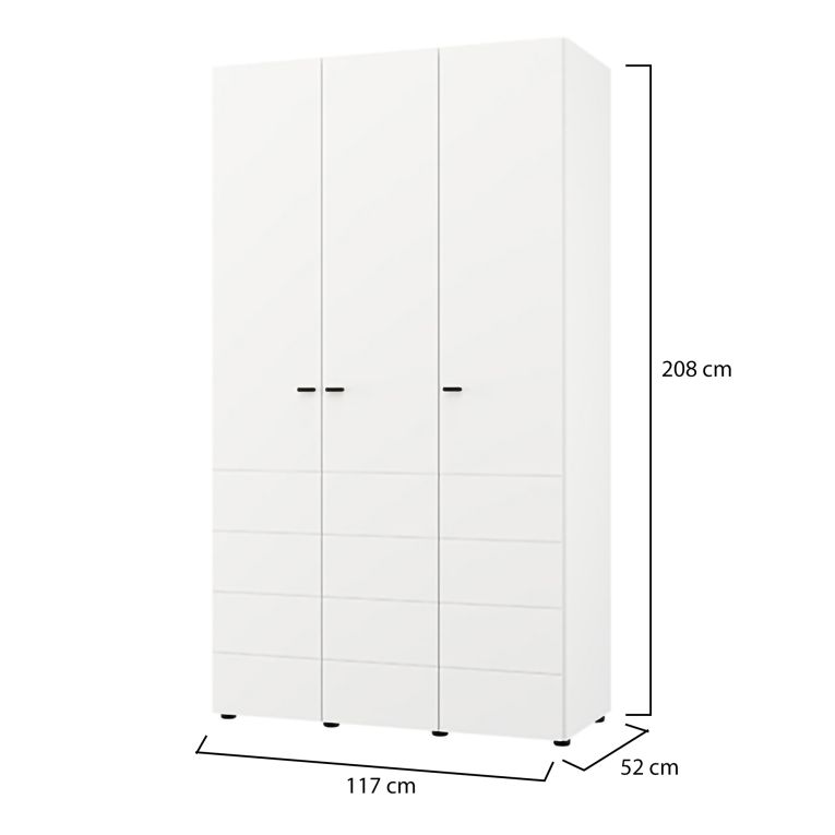 Guardaroba 3 Ante Bianco Opaco Nero Appendiabiti 4 Ripiani 117x52 cm, 3 Ante - Ronco