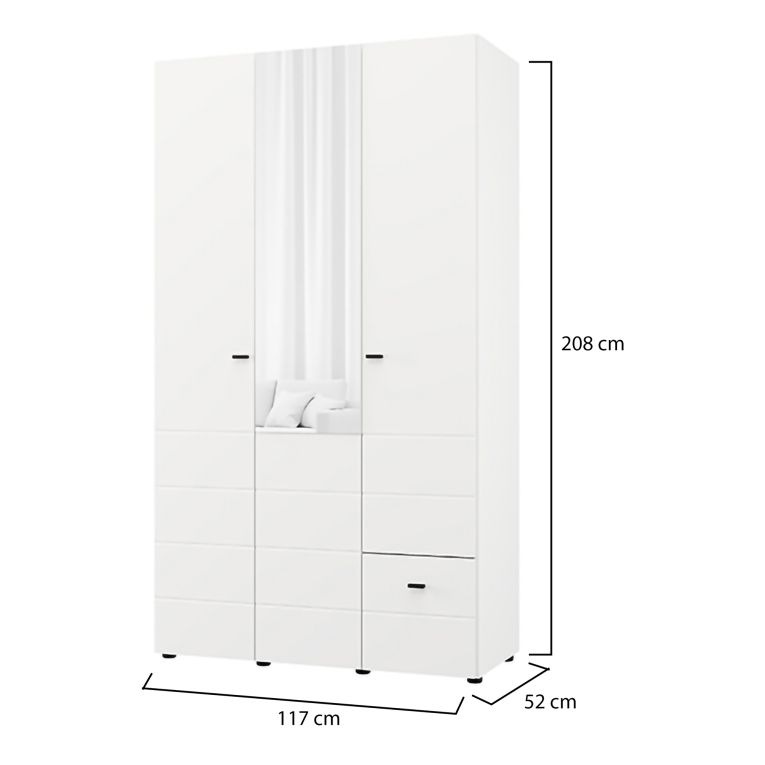 Guardaroba 3 Ante Bianco Opaco Nero Appendiabiti un Cassetto 117x52 cm, 4 Ripiani - Serram