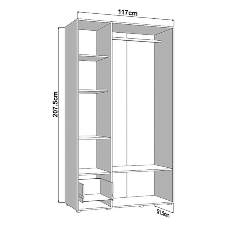 Guardaroba 3 Ante Bianco Opaco Nero Appendiabiti un Cassetto 117x52 cm, 5 Ripiani - Patzcu
