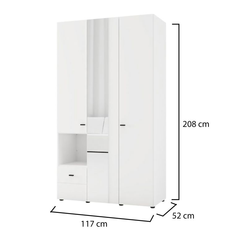 Guardaroba 3 Ante Bianco Opaco Nero Appendiabiti un Cassetto 117x52 cm, 5 Ripiani - Patzcu