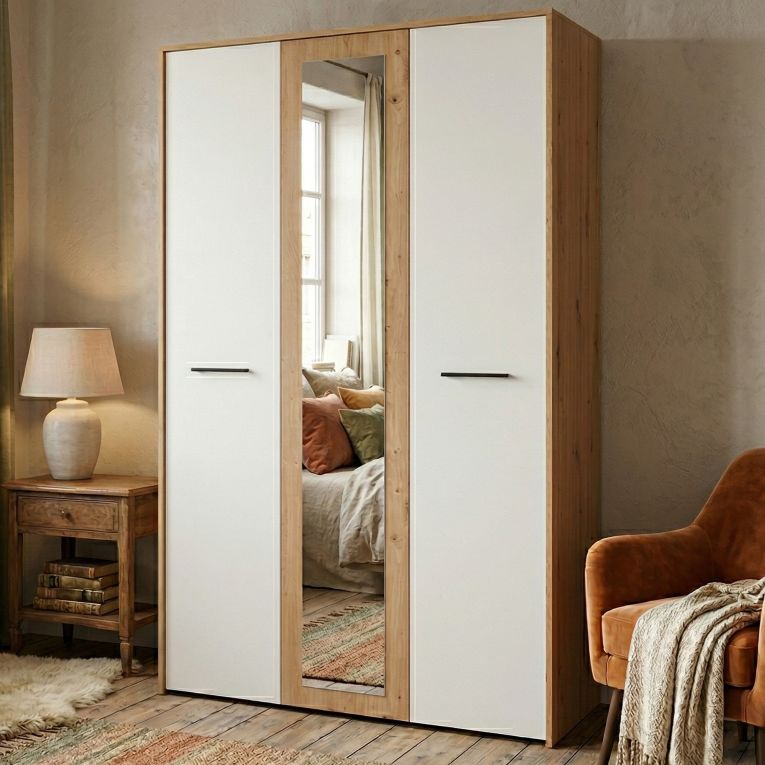 Guardaroba 3 Ante Bianco Rovere Nodi Marrone Appendiabiti 5 Ripiani 119x53 cm, 7 Vani - Lavagno
