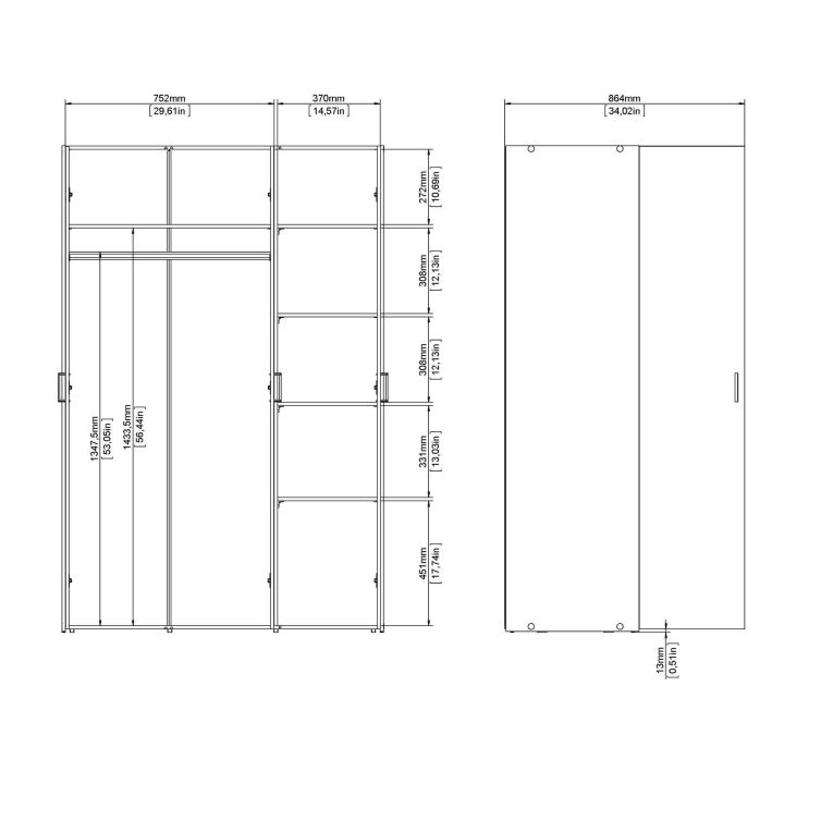 Guardaroba 3 ante Danielle, Mobile camera da letto, Cabina armadio portabiti, Armadio appendiabiti, 115x49 h175 cm, Bianco