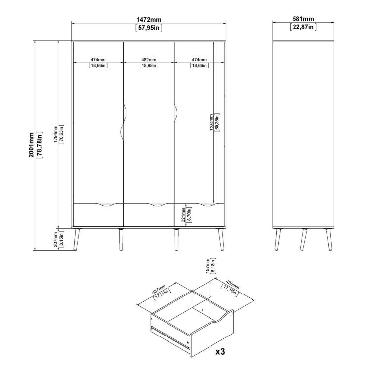 Guardaroba 3 ante Emmanuelle, Mobile camera da letto, Cabina armadio portabiti, Armadio appendiabiti, 147x58 h200 cm, Bianco e Quercia