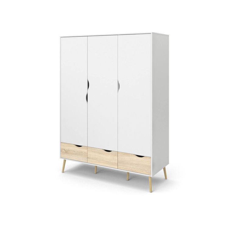 Guardaroba 3 ante Emmanuelle, Mobile camera da letto, Cabina armadio portabiti, Armadio appendiabiti, 147x58 h200 cm, Bianco e Quercia