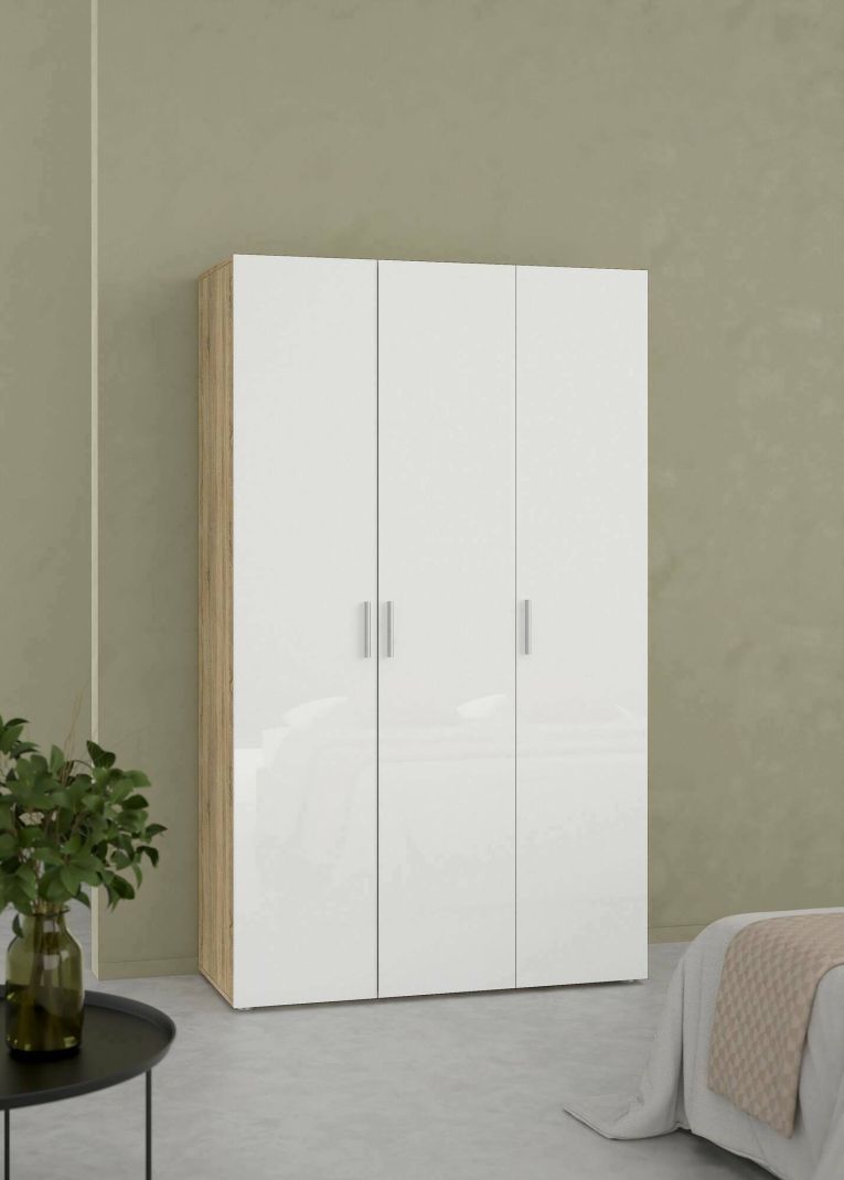 Guardaroba 3 ante Isabelle, Mobile camera da letto, Cabina armadio portabiti, Armadio appendiabiti, 50x118 h201 cm, Quercia e Bianco