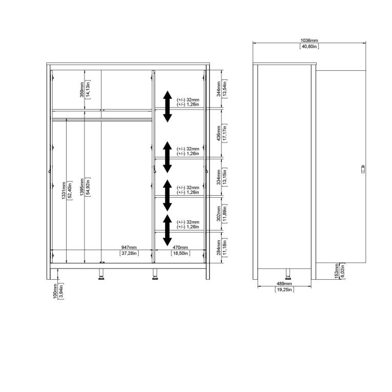 Guardaroba 3 ante Justina, Mobile camera da letto, Cabina armadio portabiti, Armadio appendiabiti, 58x150 h199 cm, Nero