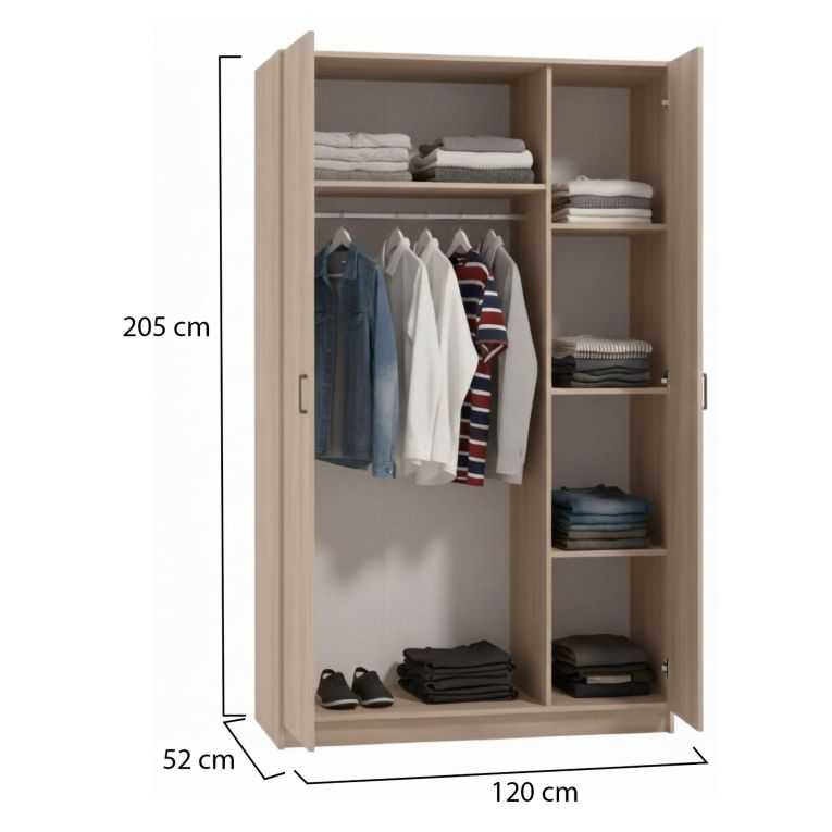 Guardaroba 3 Ante Marrone Appendiabiti 4 Ripiani 120x52 cm, 3 Ante - Licodia
