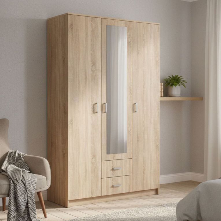 Guardaroba 3 Ante Marrone Quercia Bianco Appendiabiti 2 Cassetti 120x52 cm, 4 Ripiani - Crati