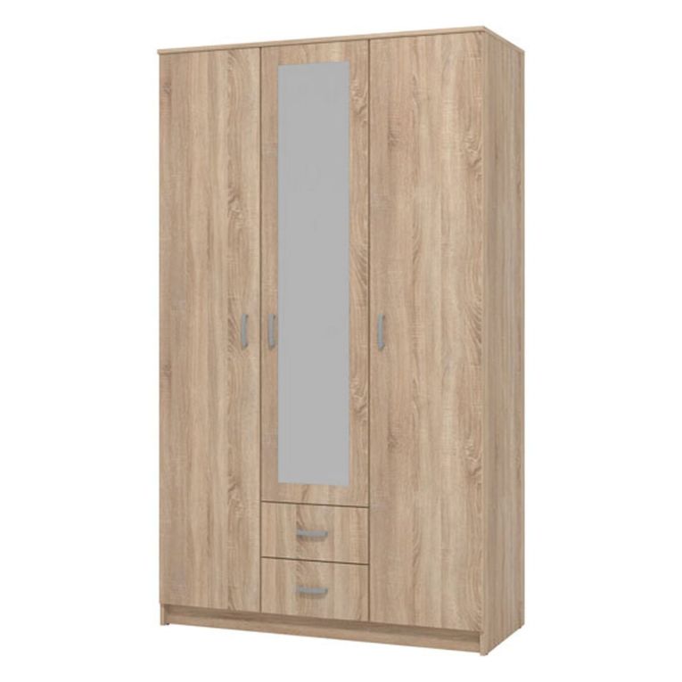 Guardaroba 3 Ante Marrone Quercia Bianco Appendiabiti 2 Cassetti 120x52 cm, 4 Ripiani - Crati