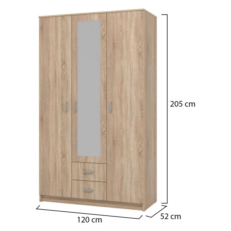 Guardaroba 3 Ante Marrone Quercia Bianco Appendiabiti 2 Cassetti 120x52 cm, 4 Ripiani - Crati
