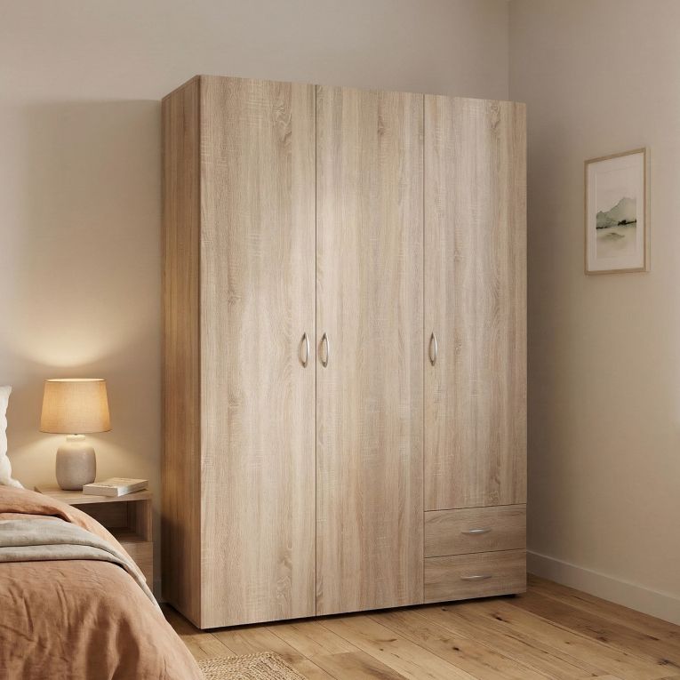 Guardaroba 3 Ante Marrone Rovere 2 Cassetti 3 Ripiani 120x51 cm, Appendiabiti - Toce