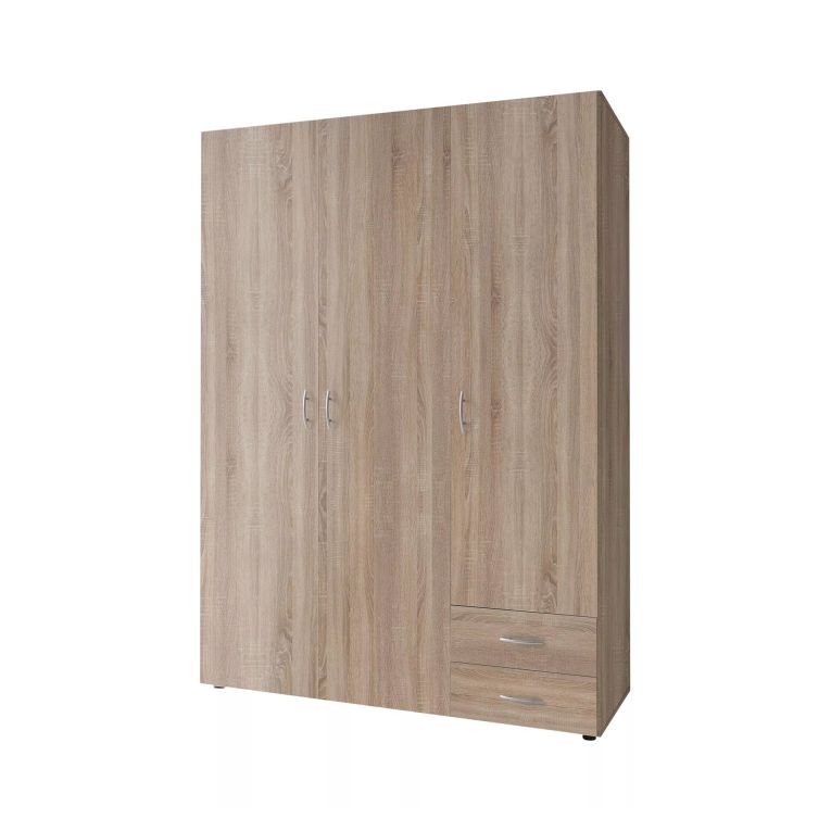 Guardaroba 3 Ante Marrone Rovere 2 Cassetti 3 Ripiani 120x51 cm, Appendiabiti - Toce