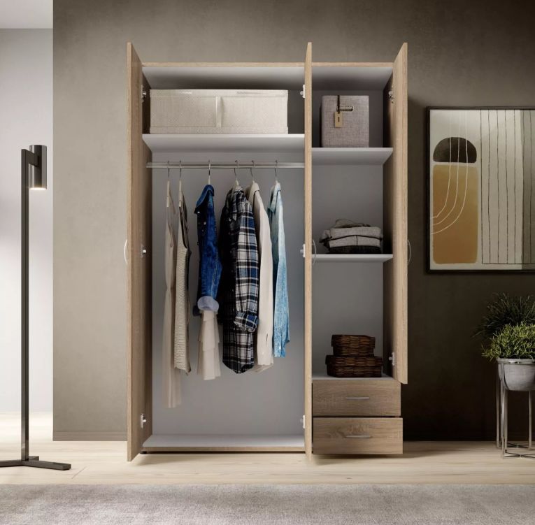 Guardaroba 3 Ante Marrone Rovere 2 Cassetti 3 Ripiani 120x51 cm, Appendiabiti - Toce