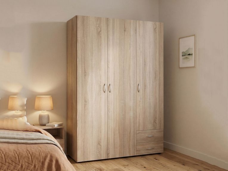 Guardaroba 3 Ante Marrone Rovere 2 Cassetti 3 Ripiani 120x51 cm, Appendiabiti - Toce