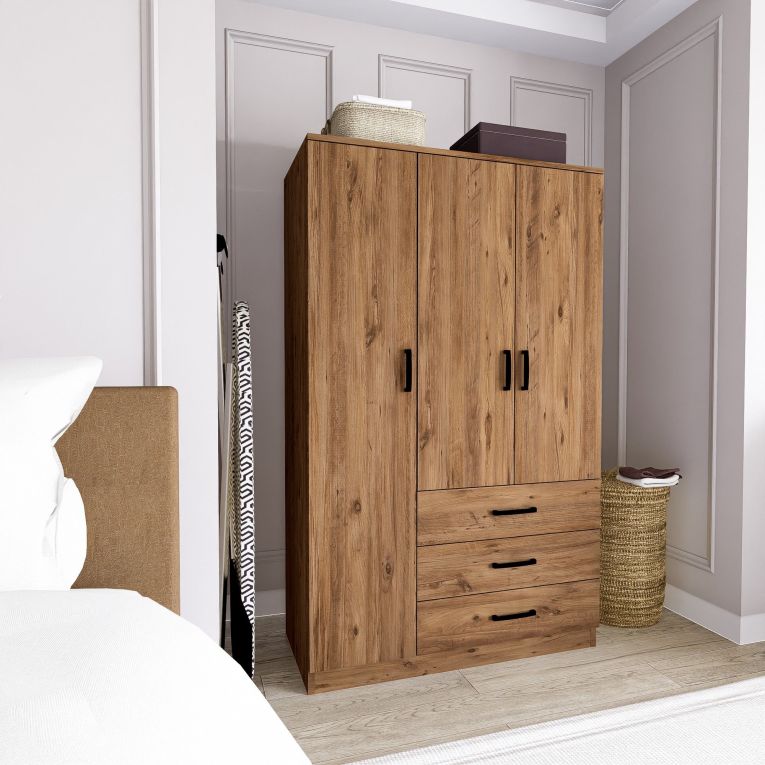 Guardaroba 3 Ante Marrone Rovere 3 Ripiani 3 Cassetti 90x47 cm, Appendiabiti - Valdengo