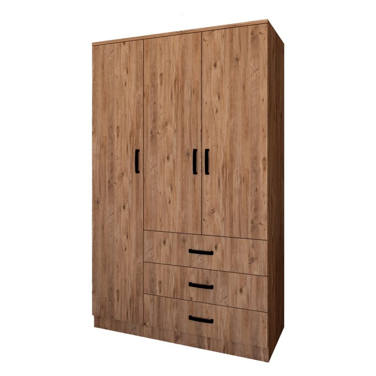 Guardaroba 3 Ante Marrone Rovere 3 Ripiani 3 Cassetti 90x47 cm, Appendiabiti - Valdengo