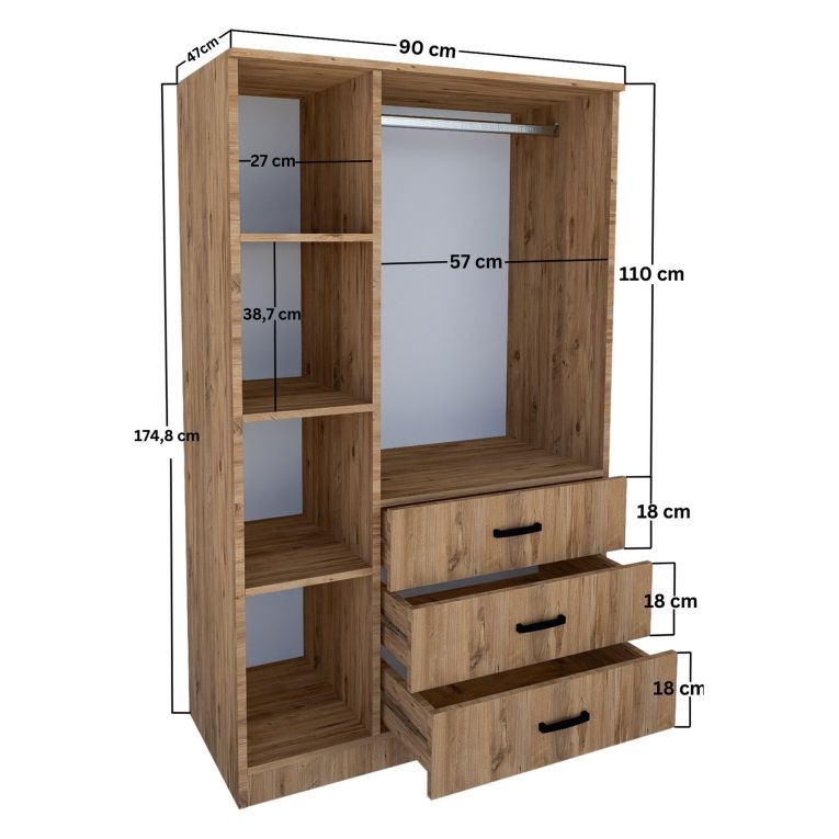Guardaroba 3 Ante Marrone Rovere 3 Ripiani 3 Cassetti 90x47 cm, Appendiabiti - Valdengo