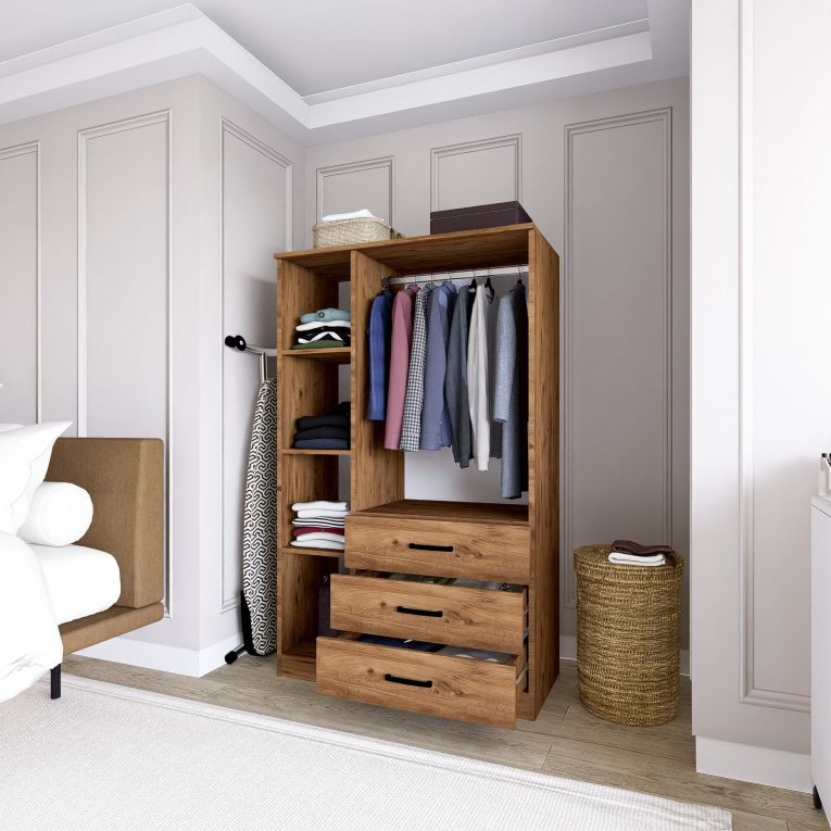 Guardaroba 3 Ante Marrone Rovere 3 Ripiani 3 Cassetti 90x47 cm, Appendiabiti - Valdengo