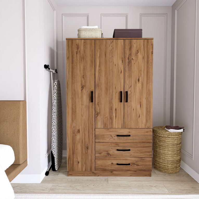 Guardaroba 3 Ante Marrone Rovere 3 Ripiani 3 Cassetti 90x47 cm, Appendiabiti - Valdengo