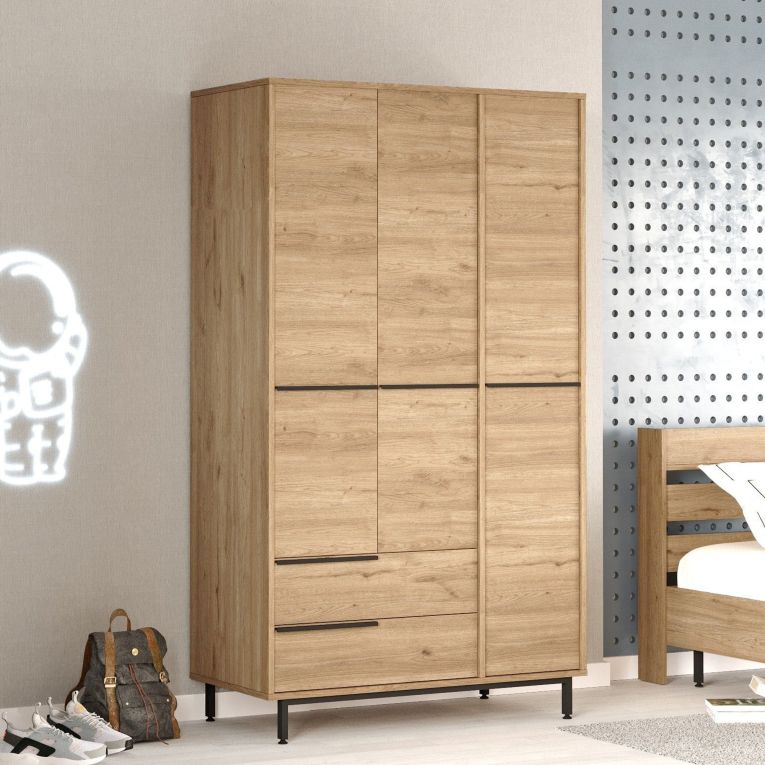 Guardaroba 3 Ante Marrone Rovere 5 Ripiani 2 Cassetti 112x55 cm, Appendiabiti - Oricola