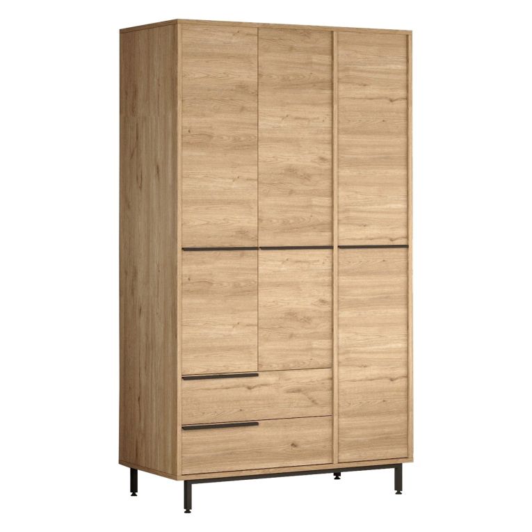 Guardaroba 3 Ante Marrone Rovere 5 Ripiani 2 Cassetti 112x55 cm, Appendiabiti - Oricola